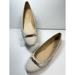 Michael Kors Gold Metal Place Logo Monogram Ballet Flats In Vanilla Sz 7